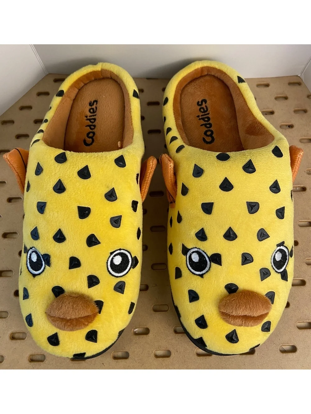 Coddies Yellow Plush Fish Slippers with Black Spots and Orange Fins